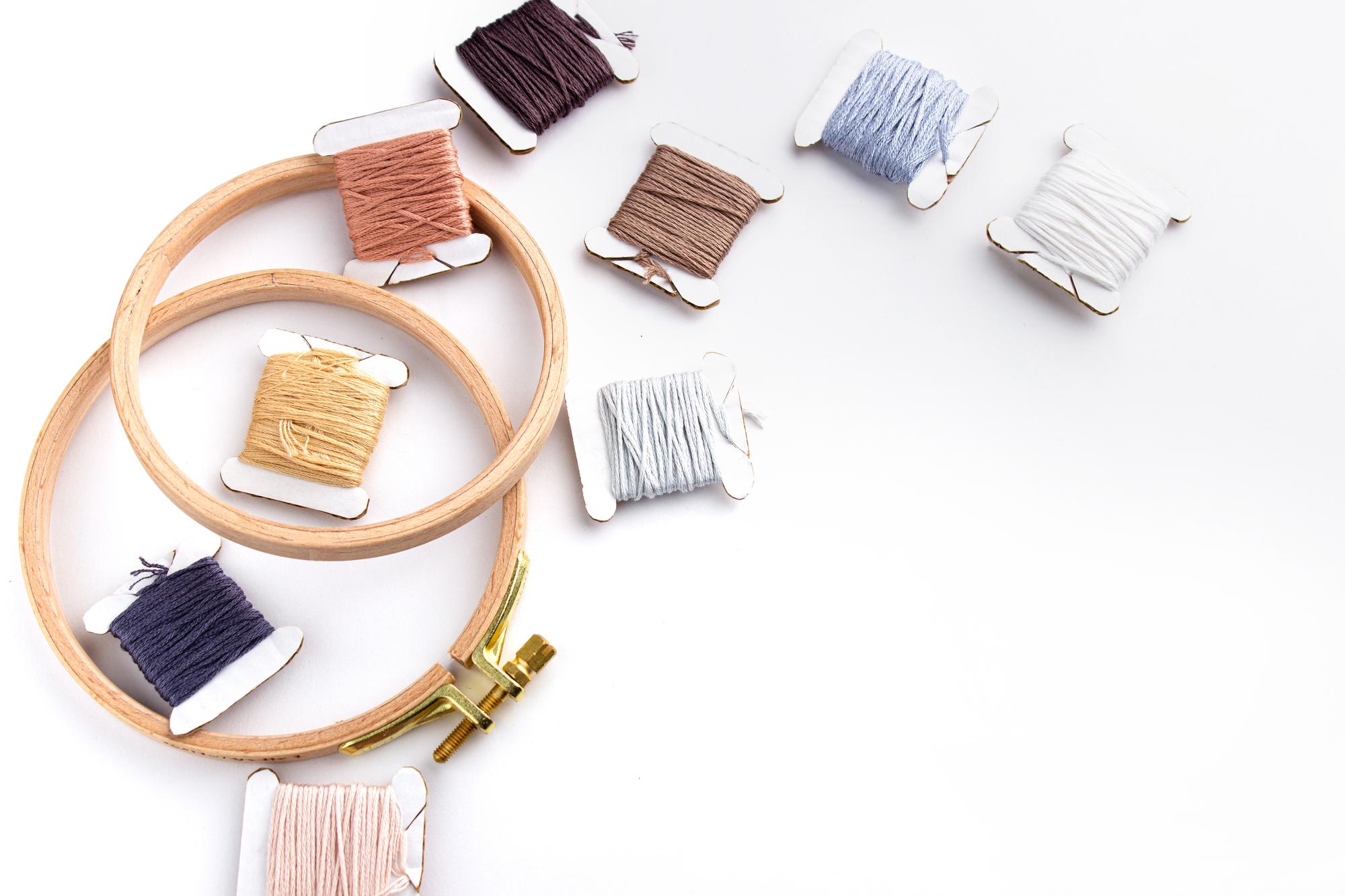 Compact kit of threads, hoop and tablet with pattern